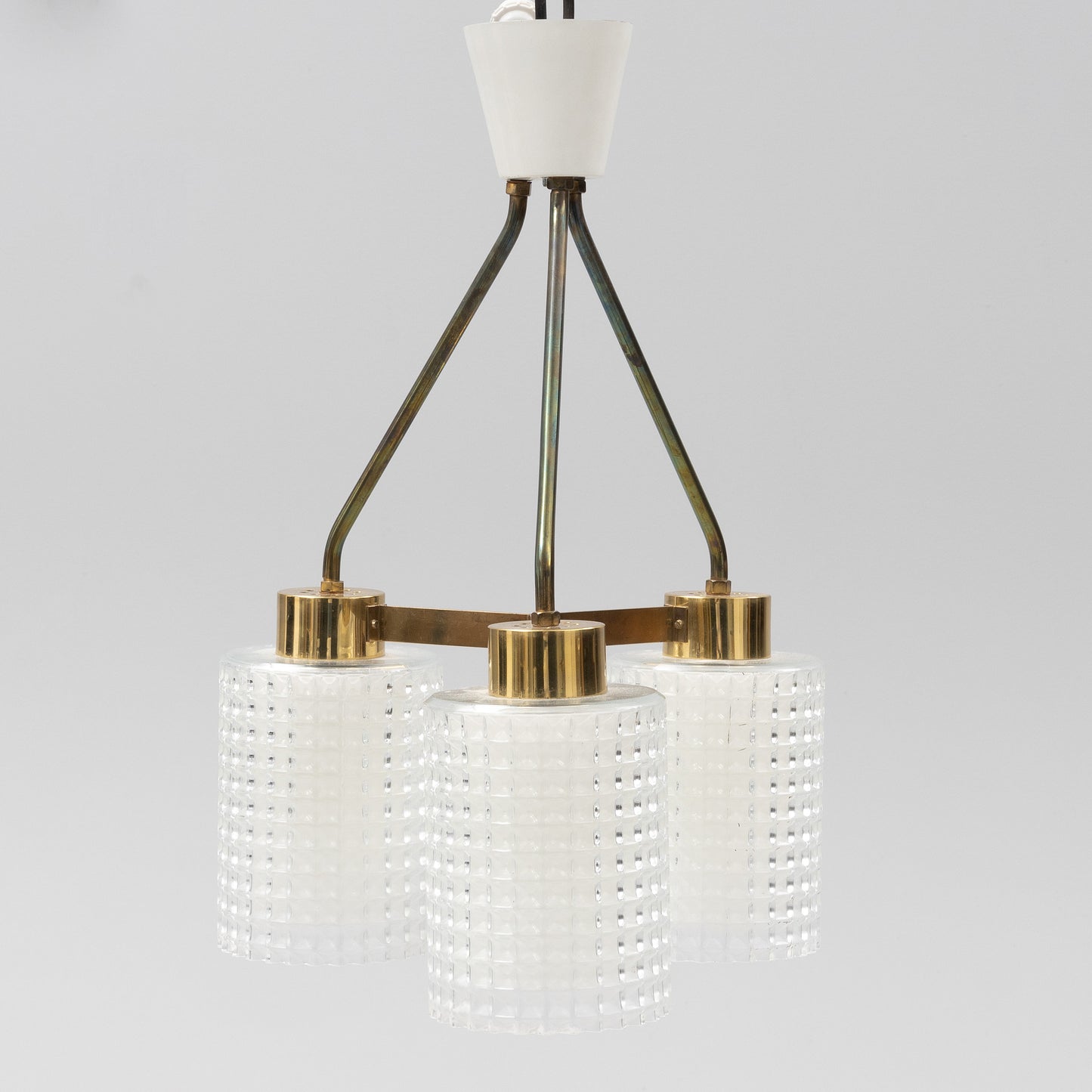 Glass and Brass Pendant 3 Lights by Orrefors Sweden, 1960