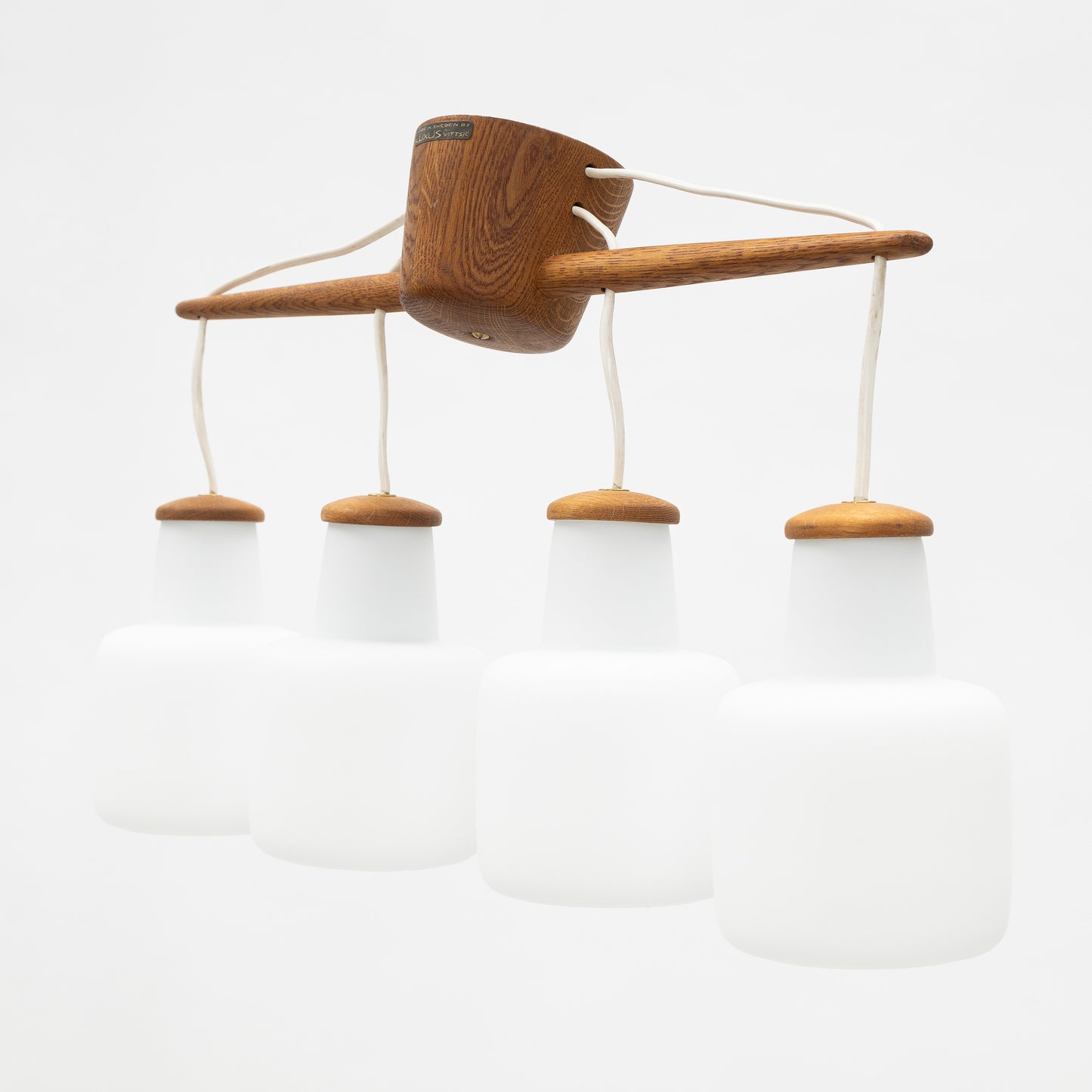 Uno & Osten Kristiansson for Luxus Light Oak and Glass 4 Pendants Chandelier