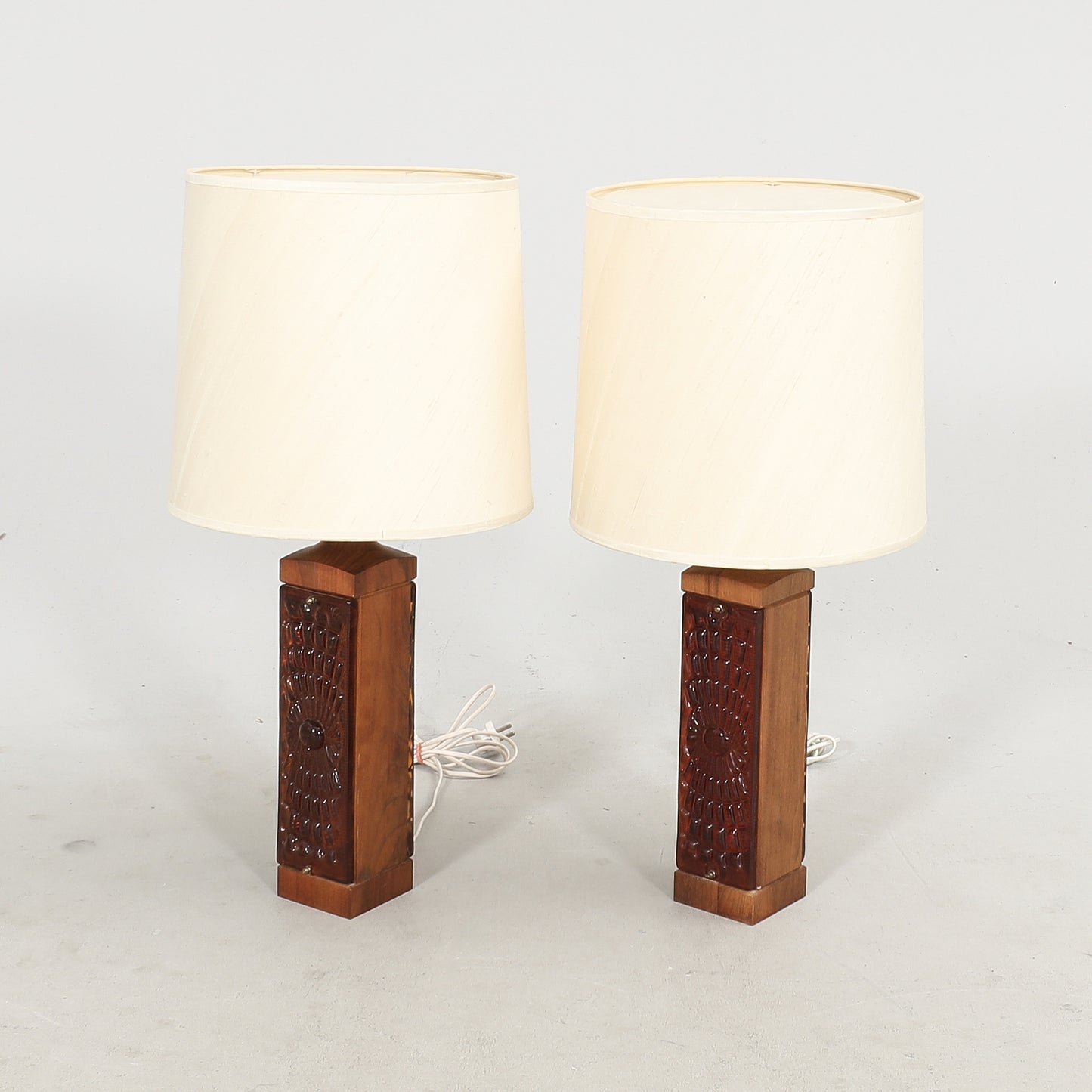 Anonymous Table lamp in amber red Cast Glass and Teak a Pair , Denmark, 1970s