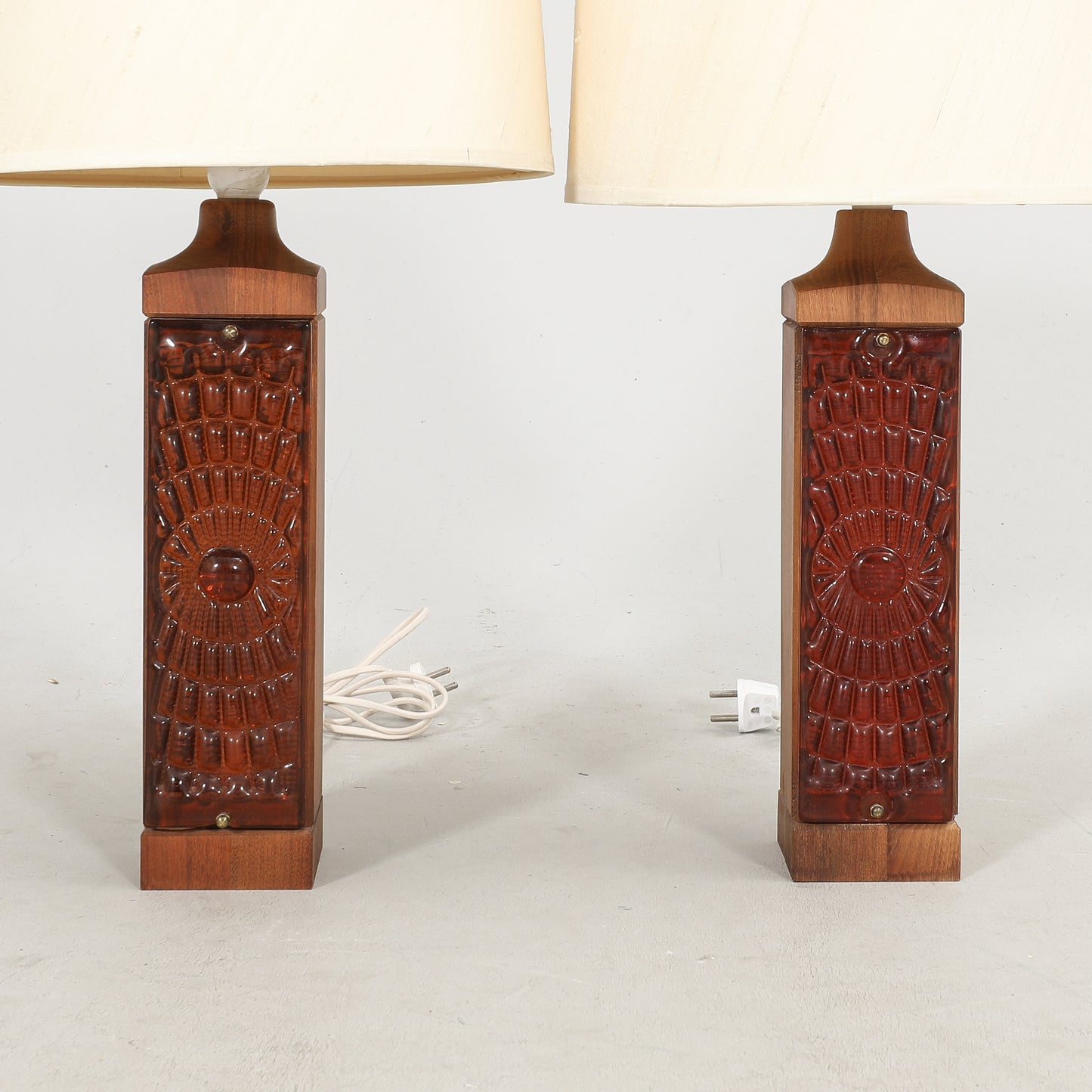 Anonymous Table lamp in amber red Cast Glass and Teak a Pair , Denmark, 1970s