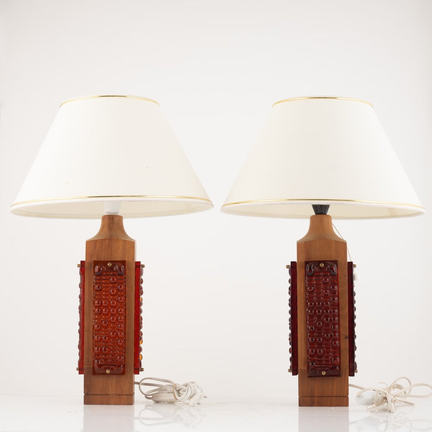 Pair Walnut and Cast Glass Table Lamp, Denmark, 1960s