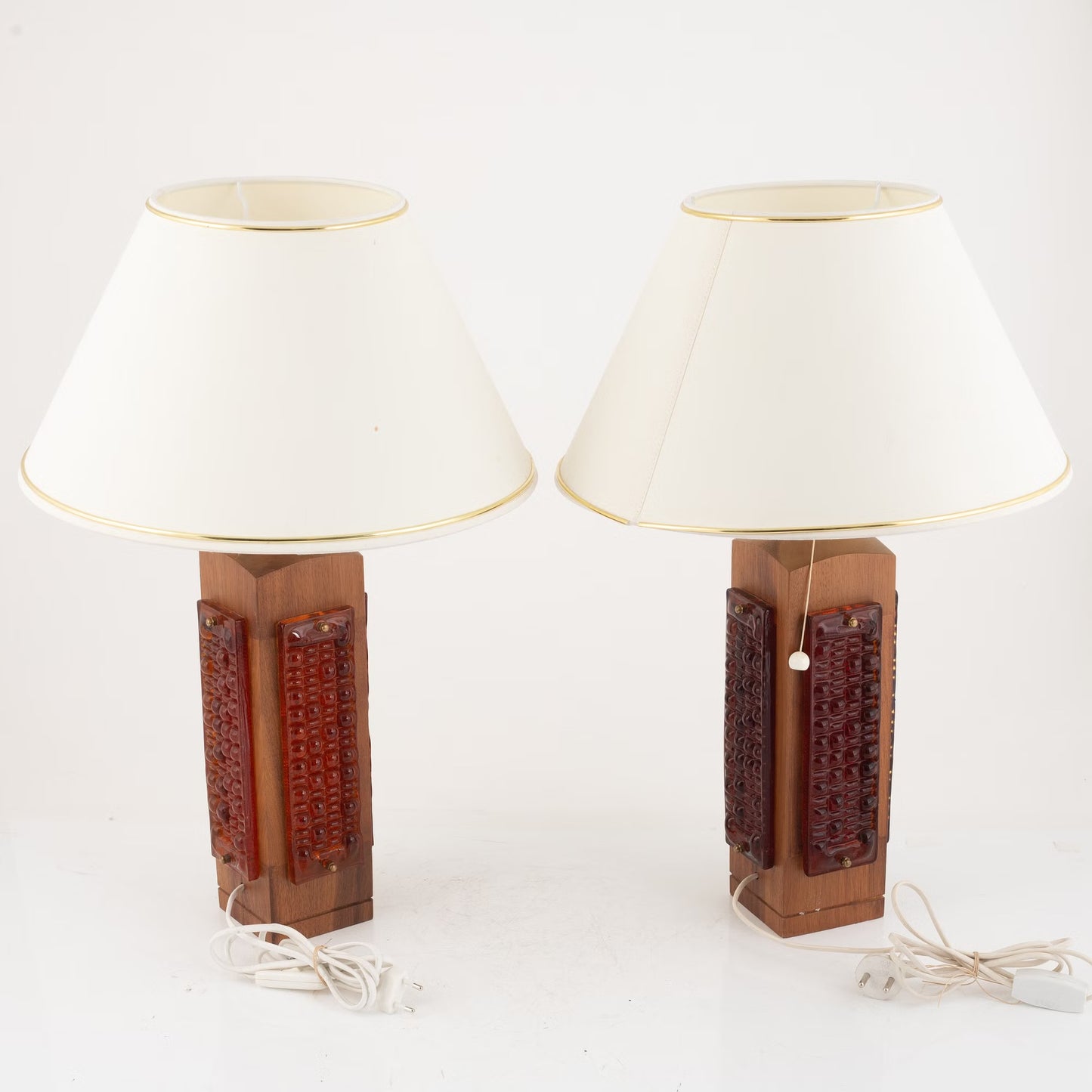 Pair Walnut and Cast Glass Table Lamp, Denmark, 1960s