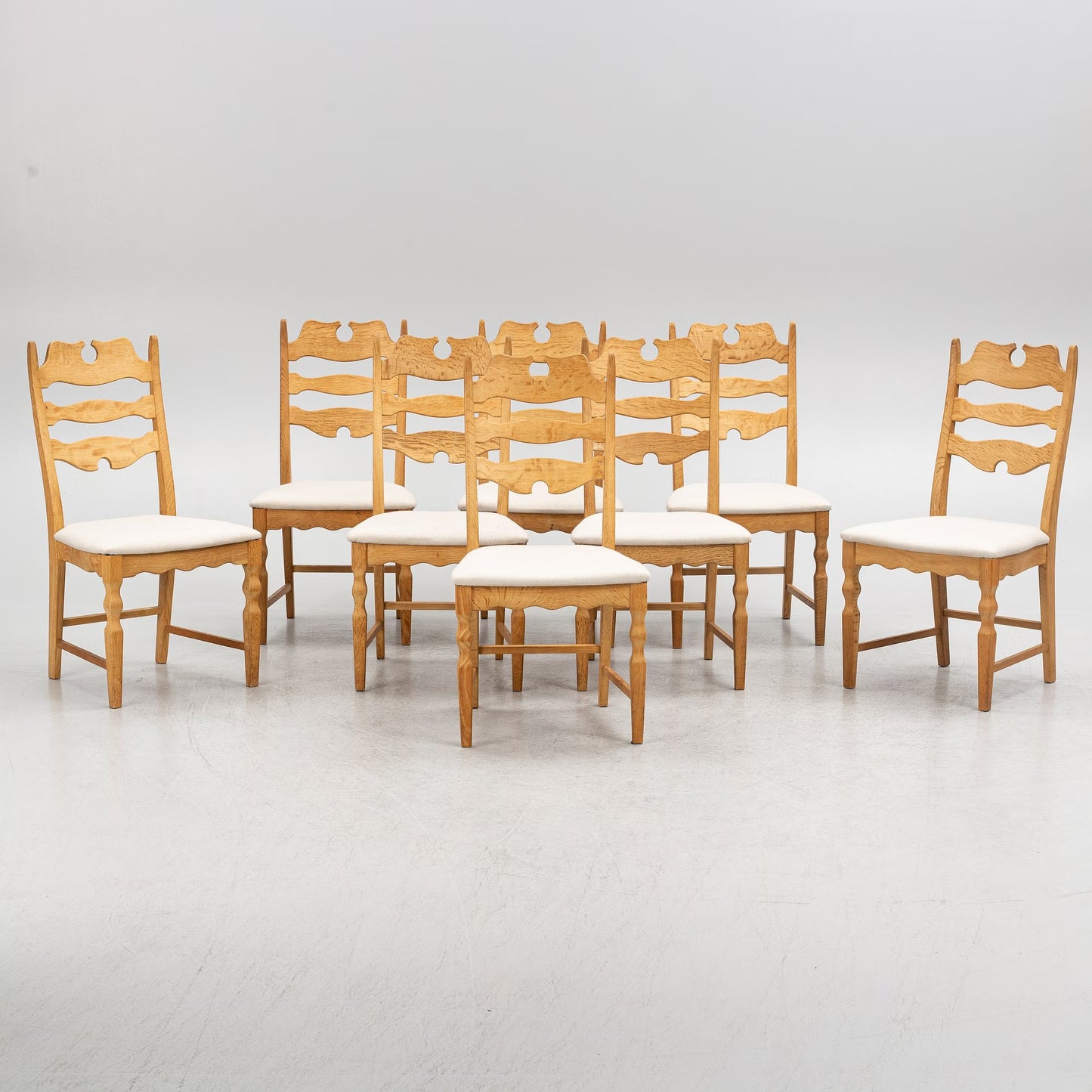 Henning Kjarnulf "Razorblade" 8 Oak dining chairs Denmark 1960