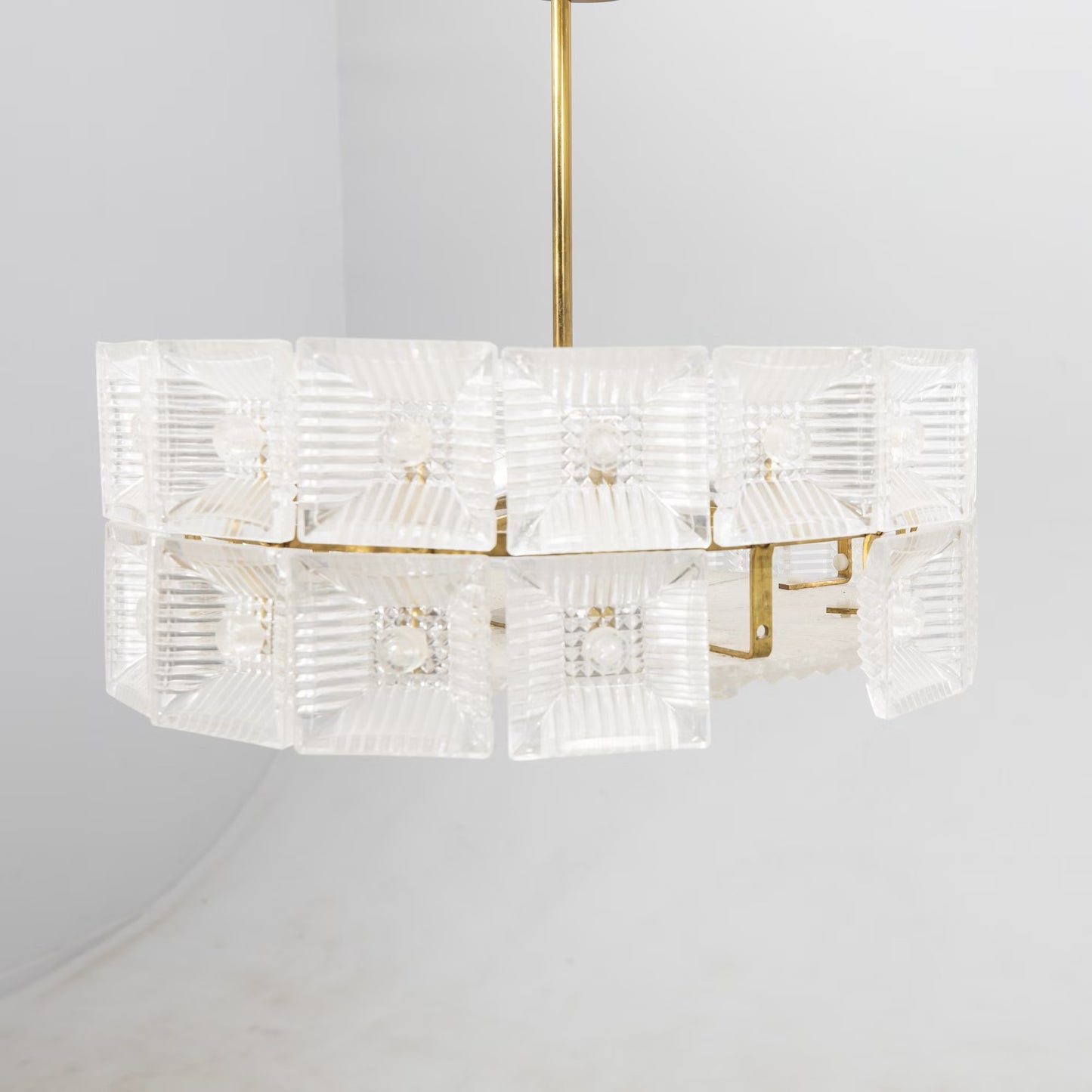 Carl Fagerlund Crystal Glass and Brass Pendant Light for Orrefors, Sweden, 1960