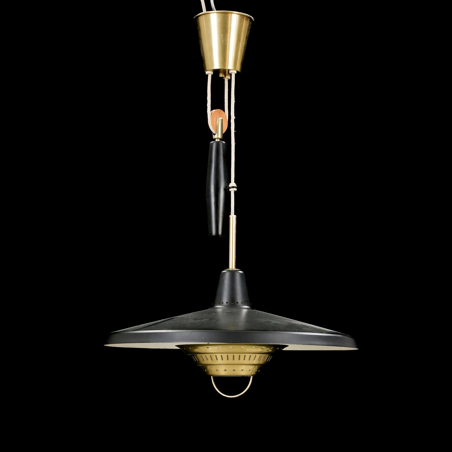 Anonymous Counterweight Black Metal and Brass Pendant Lamp, Sweden, 1950