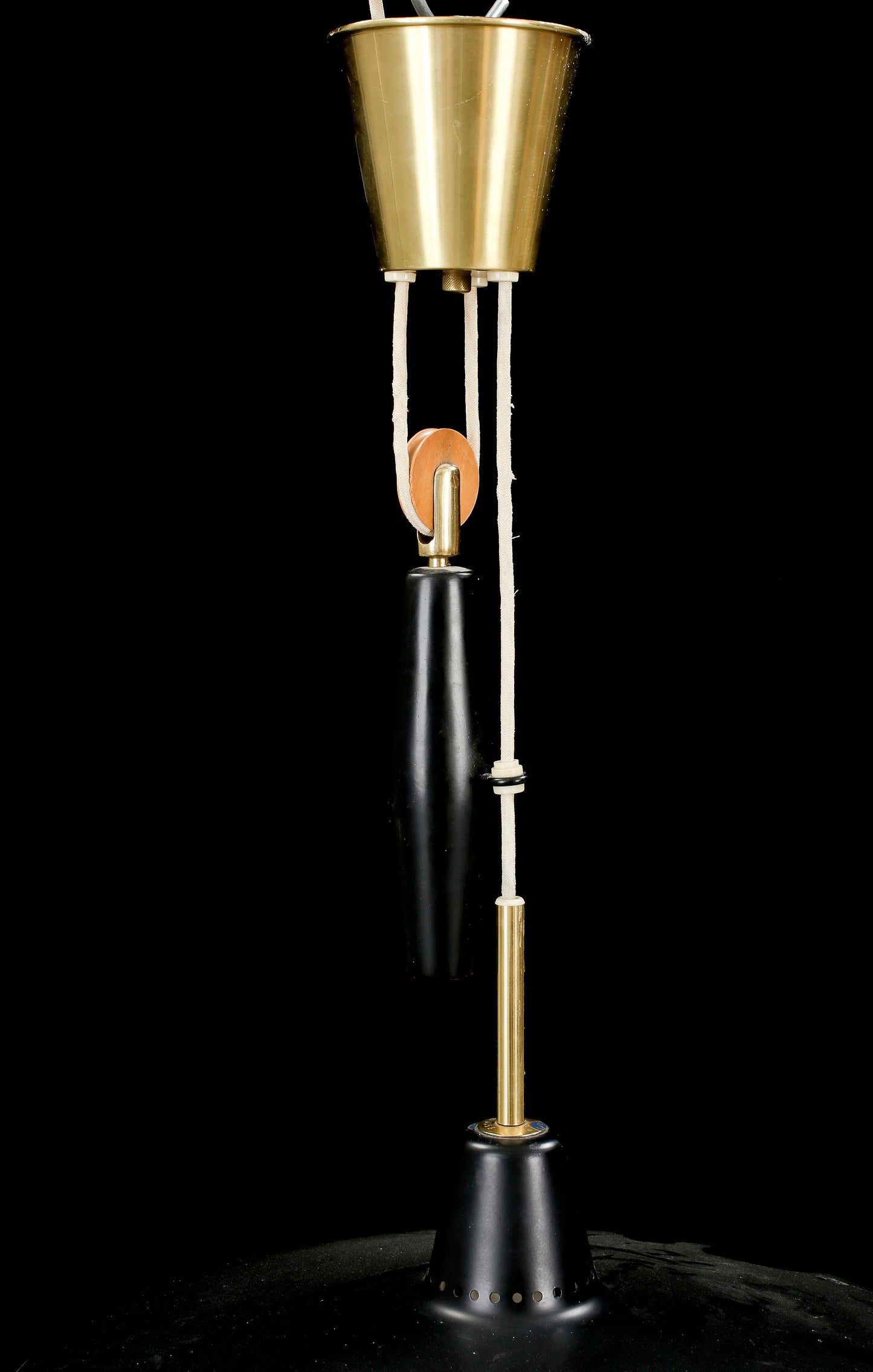 Anonymous Counterweight Black Metal and Brass Pendant Lamp, Sweden, 1950