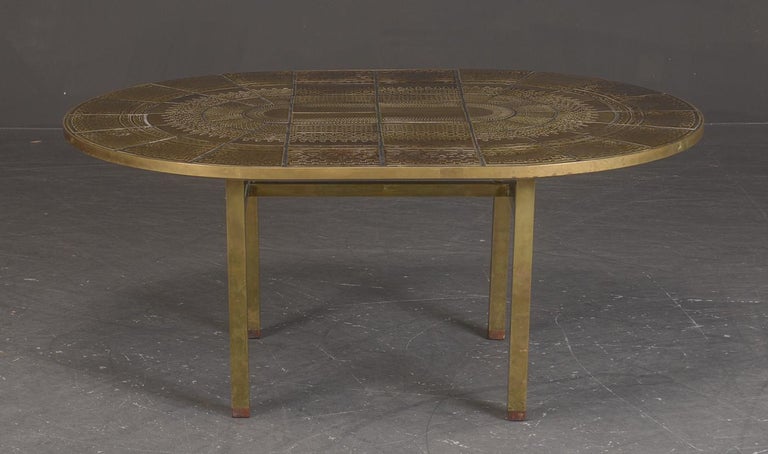 Bjorn Wiinblad Rare Ovale Ceramic Table Hand Made Tiles and Brass Sweden 1960