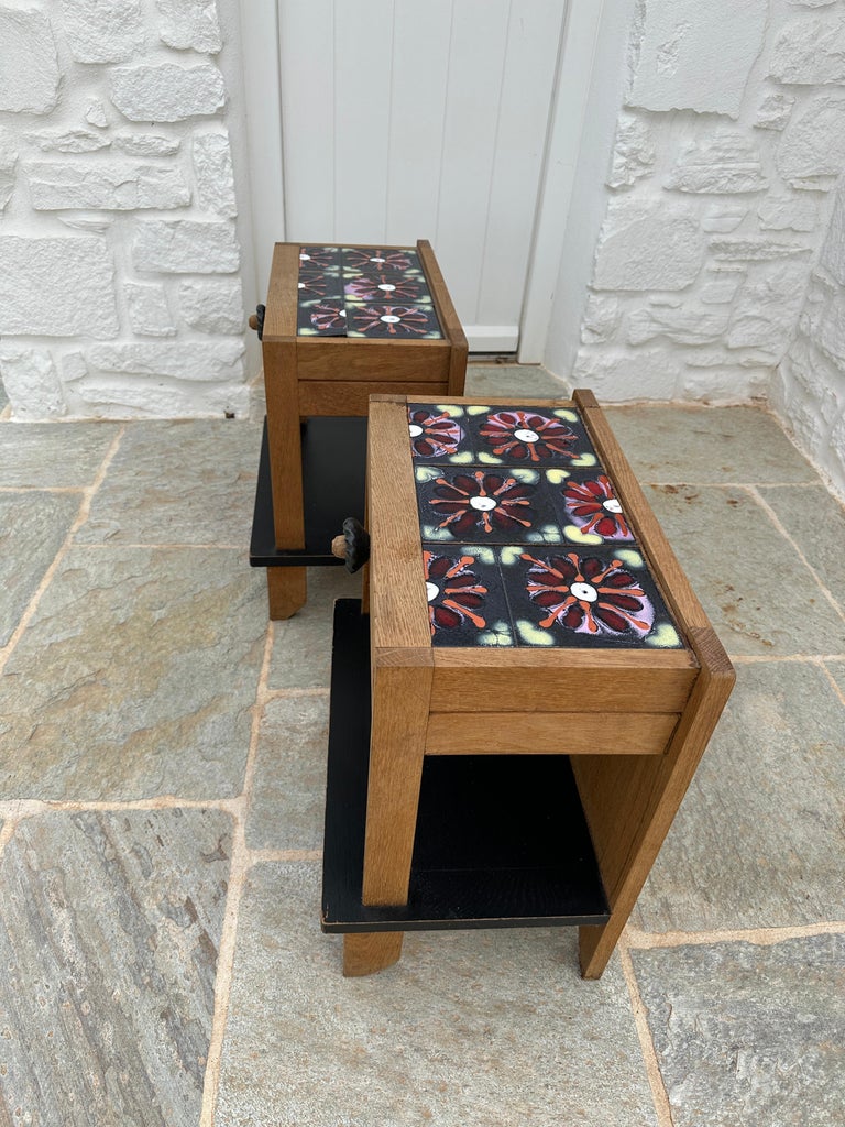 Guillerme & Chambron Bedside Table a Pair Oak and Ceramic, France, 1960