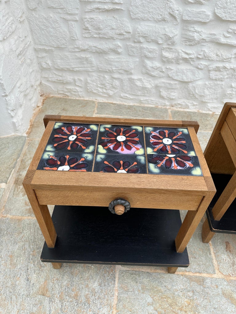 Guillerme & Chambron Bedside Table a Pair Oak and Ceramic, France, 1960