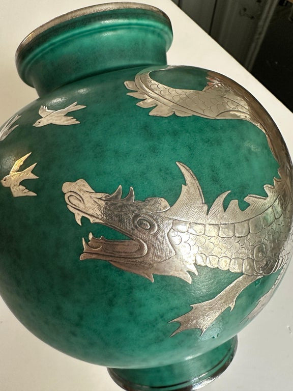 Wilhelm Kage “Argenta” vase 1045 glazed stoneware silver Gustavsberg Sweden 1950