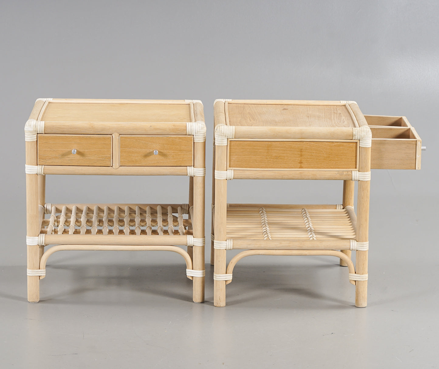Dux bedside tables a pair model "Evita" Oak and Bamboo Sweden 1965s