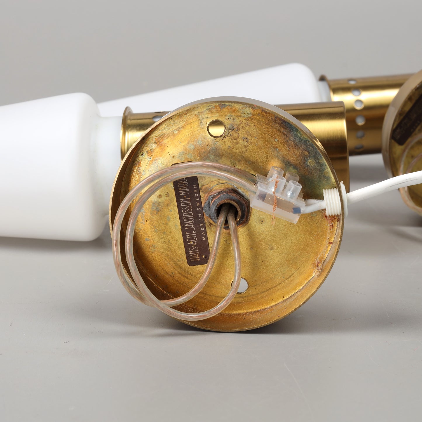 Hans Agne Jakobson pair of wall lS-1987 brass and opal glass Sweden 1960