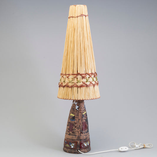 Lamp Tilgmans ceramic, with original raffia shade Sweden 1960