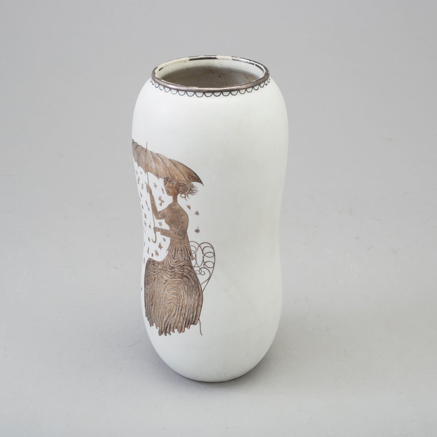 Vase "Grazia" by Stig Lindberg White Ceramic and Silver. Gustavsberg Sweden