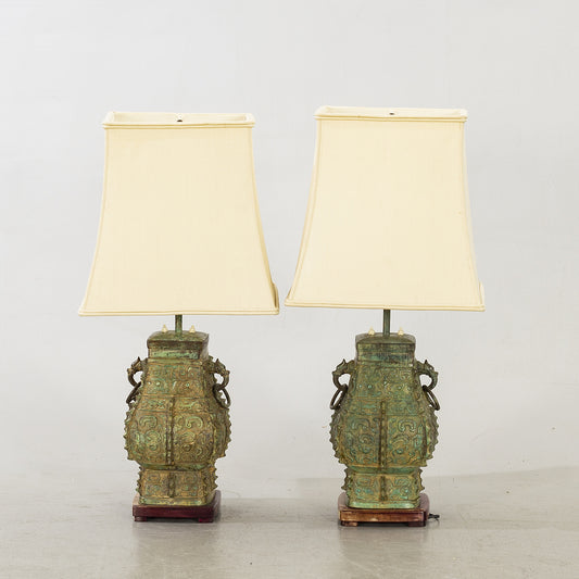 James Mont style Table Lamps in bronze "vert de gris" patina 1960s