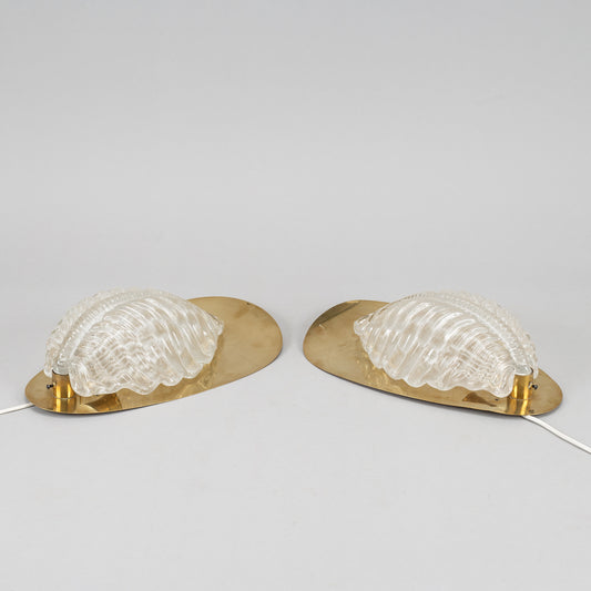 Fritz kurz sconces leaf shaped brass and glass Orrefors 1960s