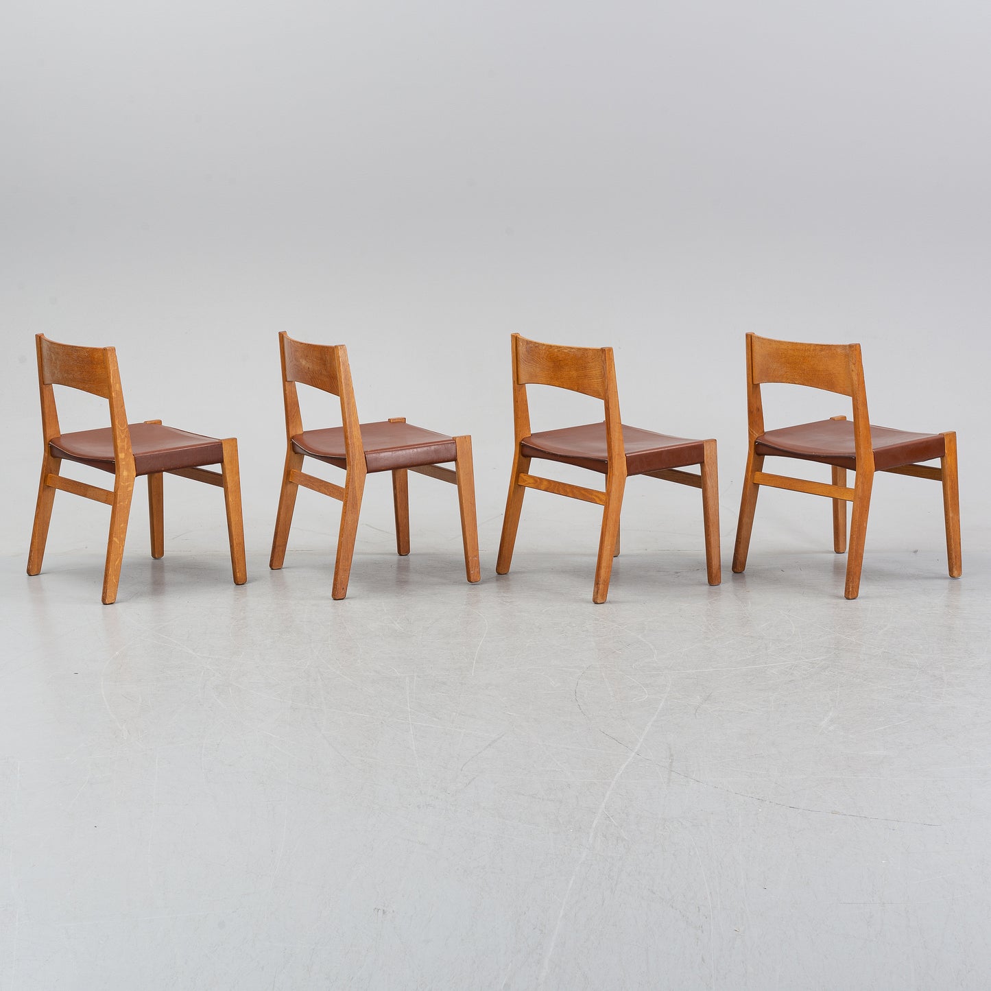 Four Oak Chairs with Leather Seat by John Vedel Rieper, Denmark, 1962