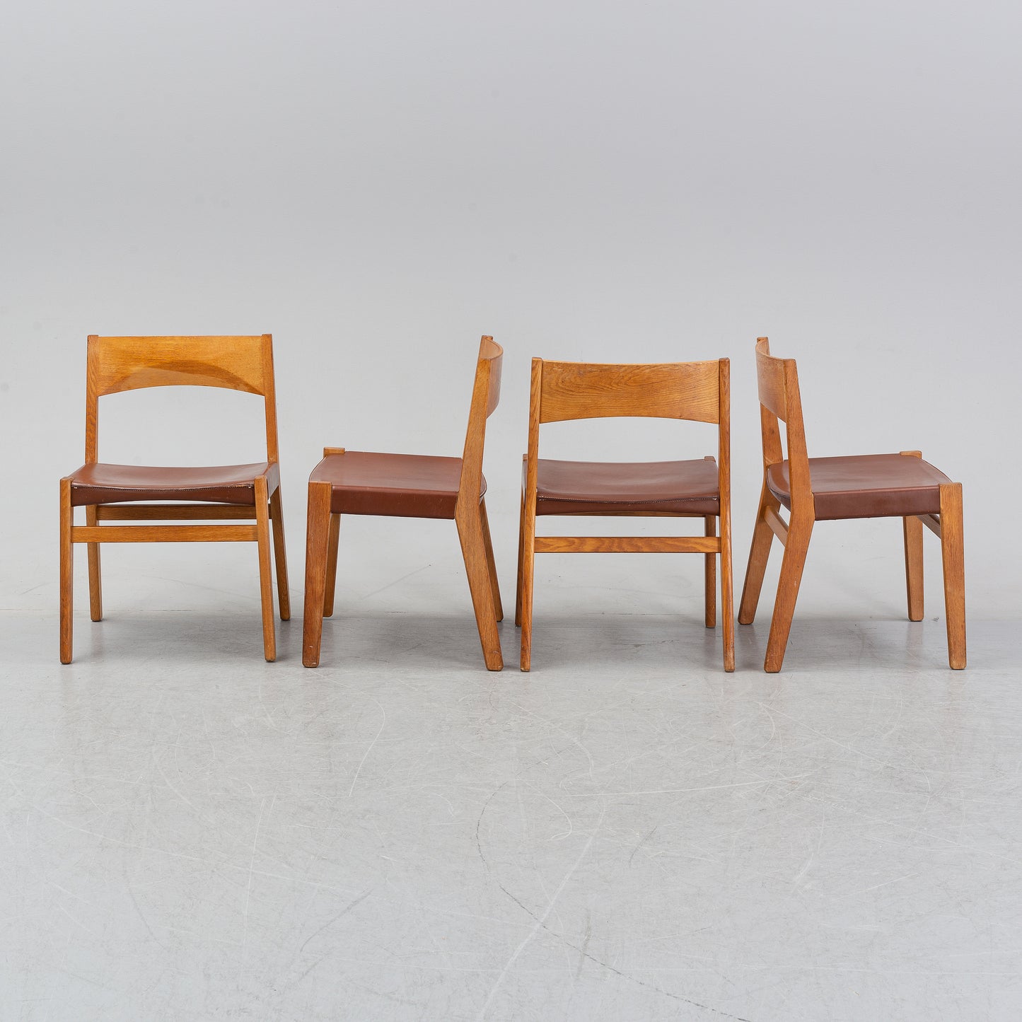 Four Oak Chairs with Leather Seat by John Vedel Rieper, Denmark, 1962