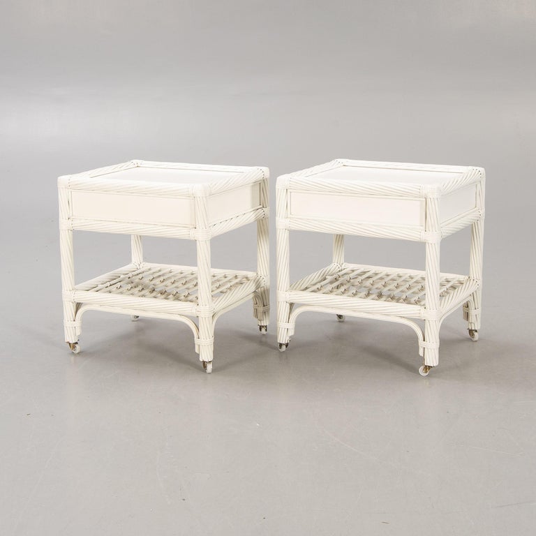 Pair of Nightstand White Lacquer Bamboo and Wood by DUX, Sweden, 1960