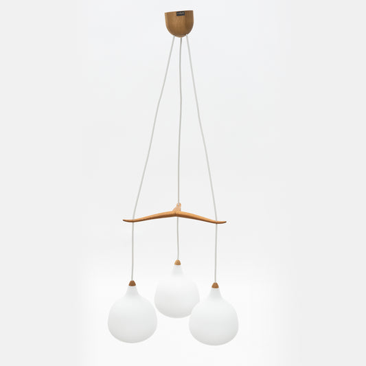 Uno & Östen Kristiansson Pendant Lamp Oak and Glass Luxus Vittsjö Sweden, 1960