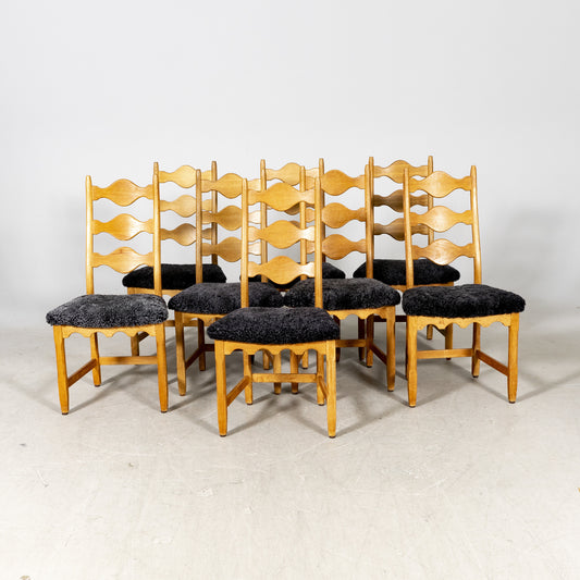 Set of 8 Henning Kjaernulf Razor Blade Oak Dining Chairs for EG Mobler 1960