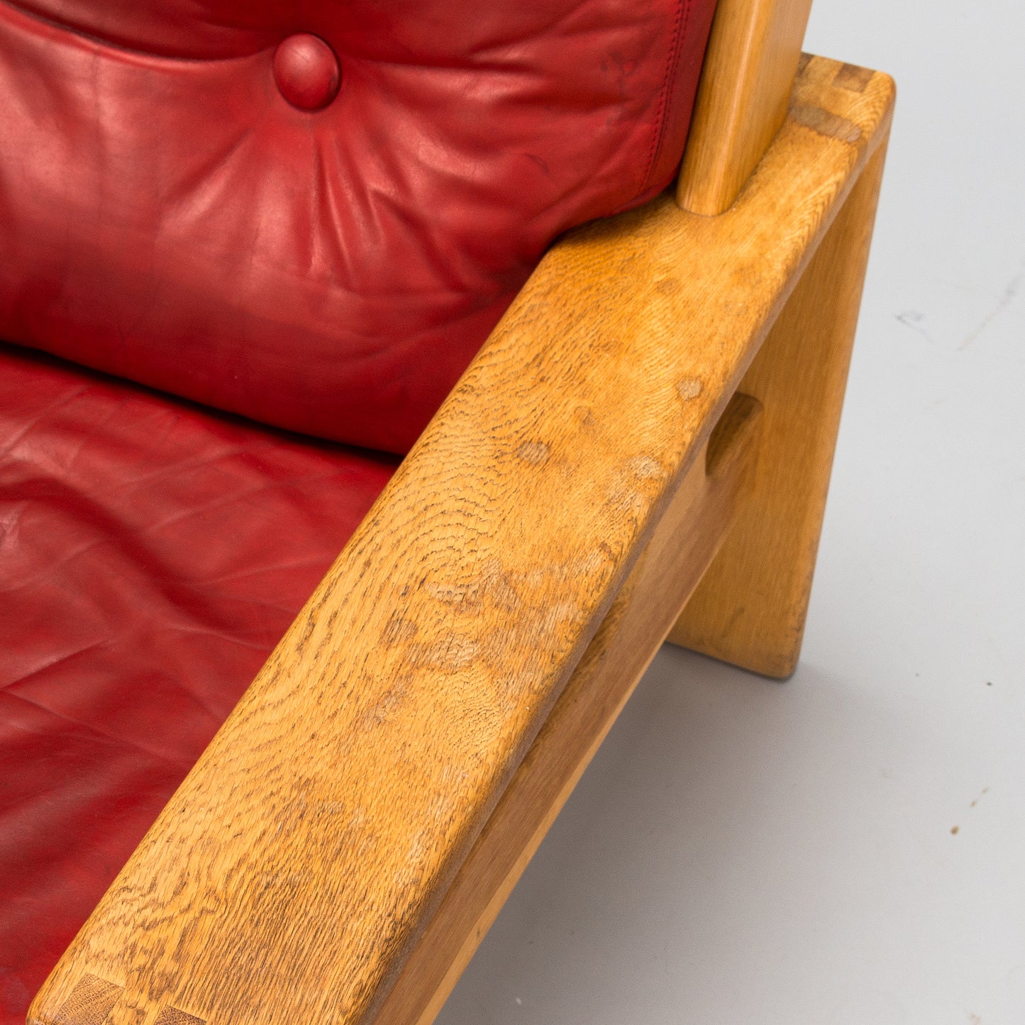 Esko Pajamies "Bonanza" Solid Oak Armchair in Original Red Leather Finland, 1970s