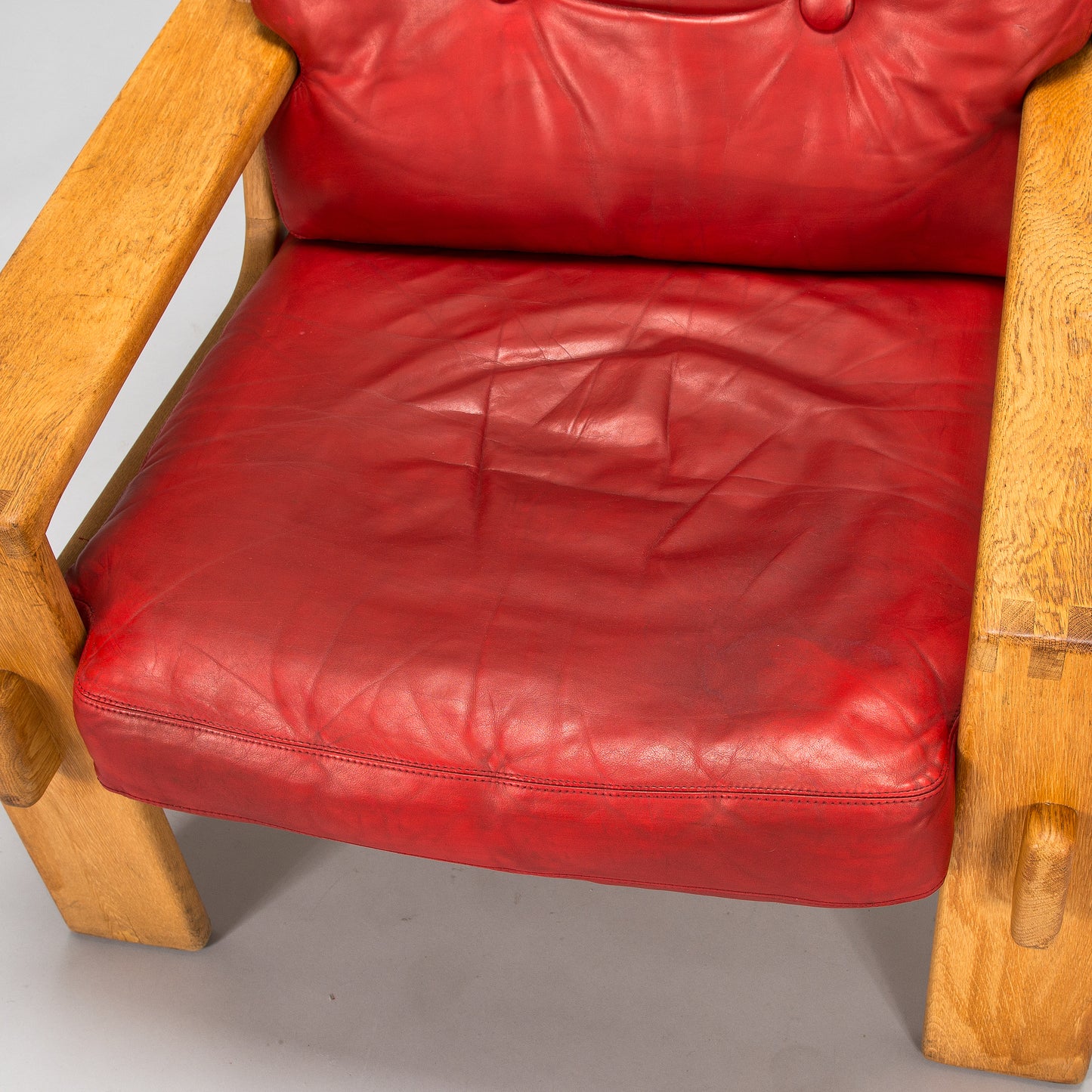 Esko Pajamies "Bonanza" Solid Oak Armchair in Original Red Leather Finland, 1970s