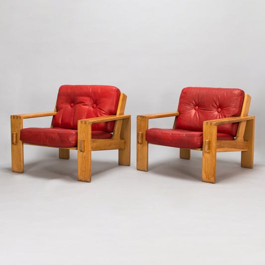 Esko Pajamies "Bonanza" Solid Oak Armchair in Original Red Leather Finland, 1970s