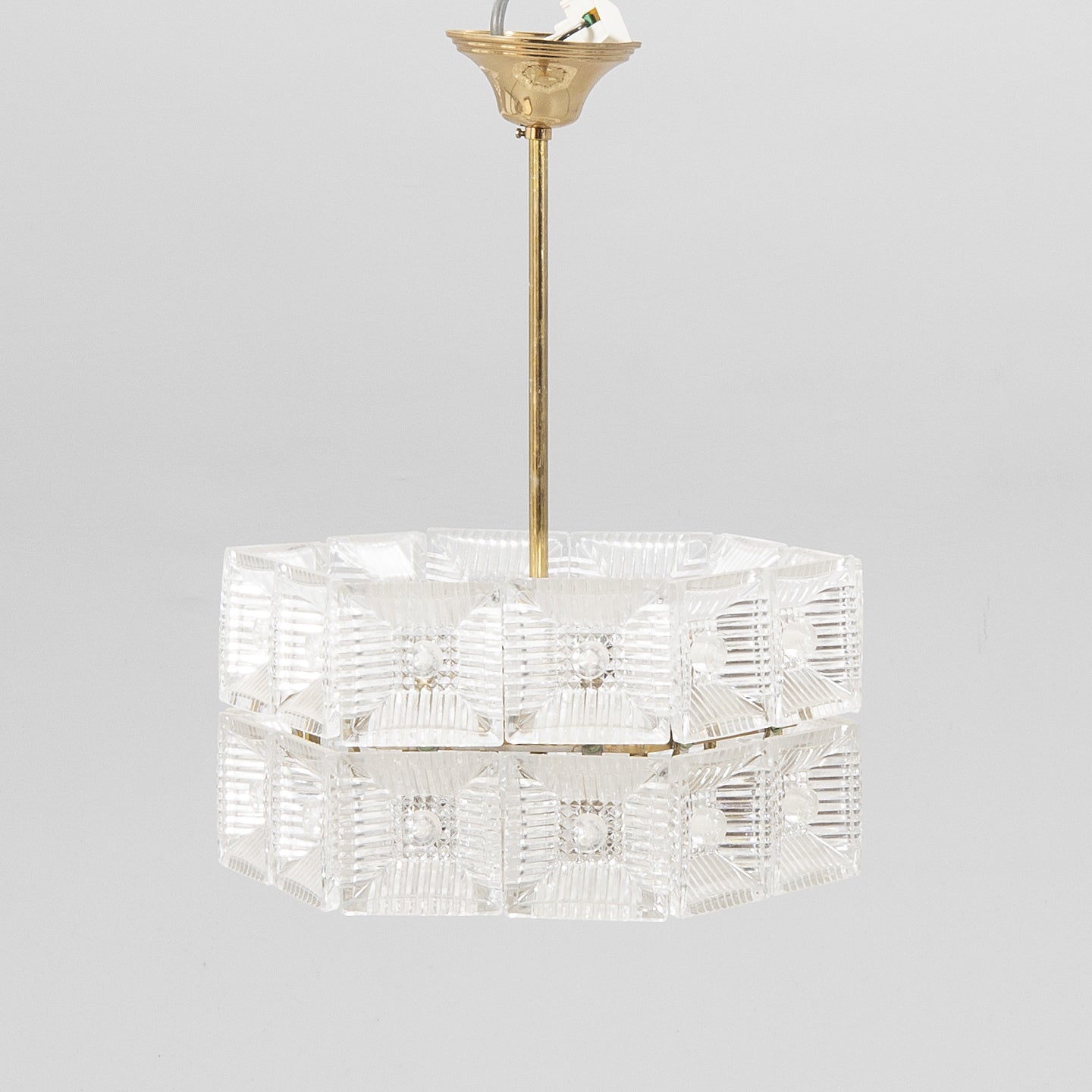 Carl Fagerlund Crystal Glass and Brass Pendant Light for Orrefors, Sweden, 1960s