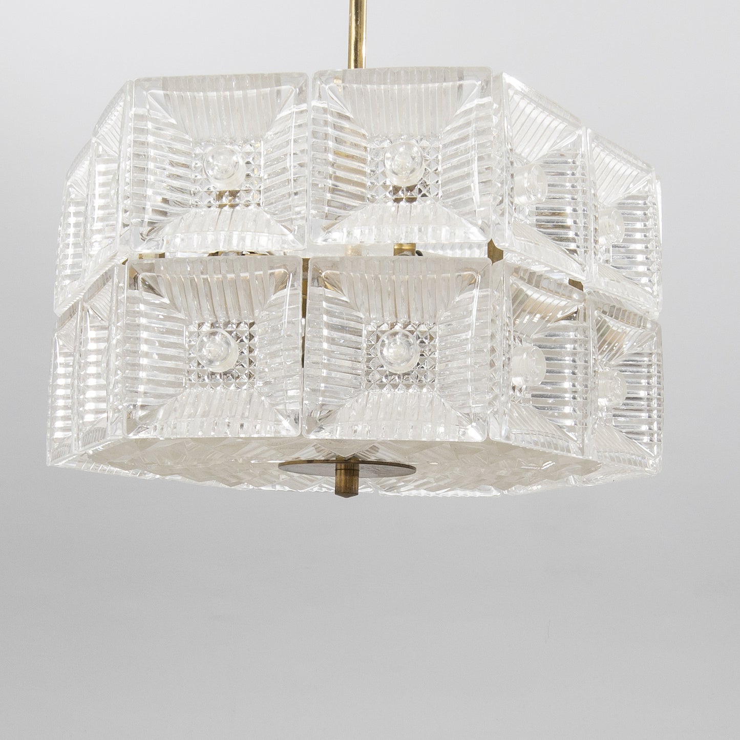 Carl Fagerlund Crystal Glass and Brass Pendant Light for Orrefors, Sweden, 1960s