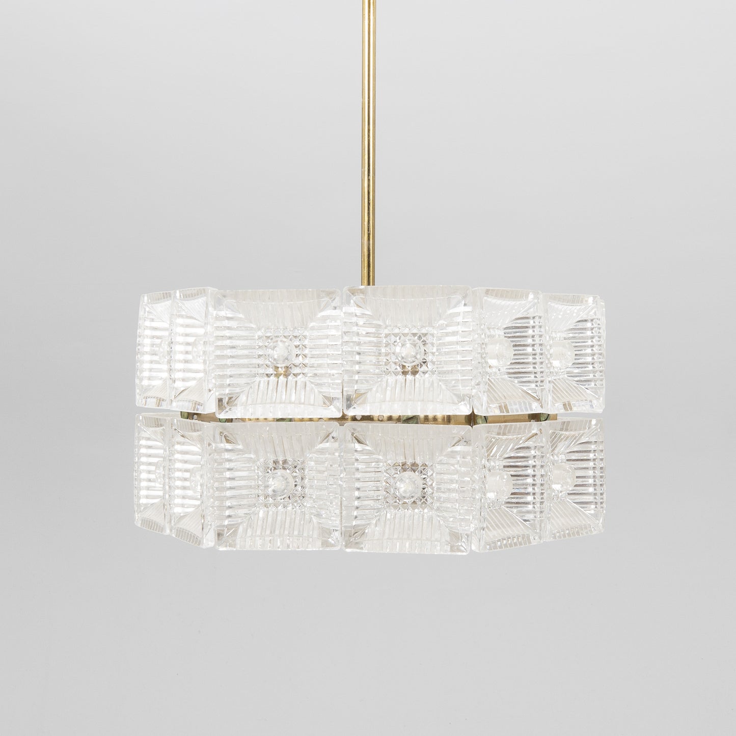 Carl Fagerlund Crystal Glass and Brass Pendant Light for Orrefors, Sweden, 1960s