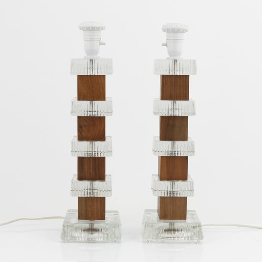 Anonymous Pair of Table Lamp Glass and Teak, France, 1970