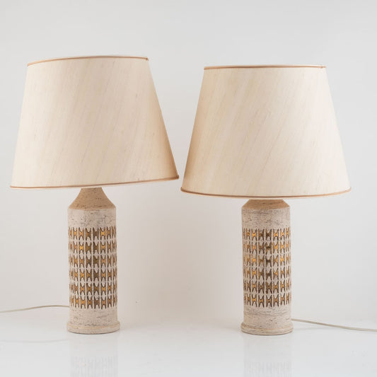 Pair of Bergboms Ivory Glazed and Gold Ceramic Table Lamps, Sweden, circa 1960