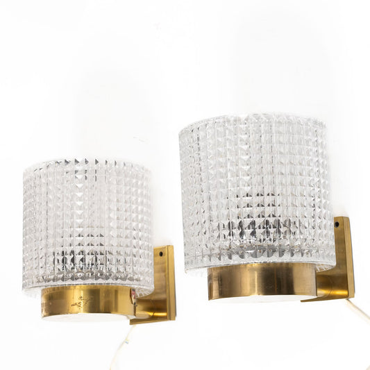 Carl Fagerlund for Orrefors Brass and Glass Pair of Sconces Sweden 1960