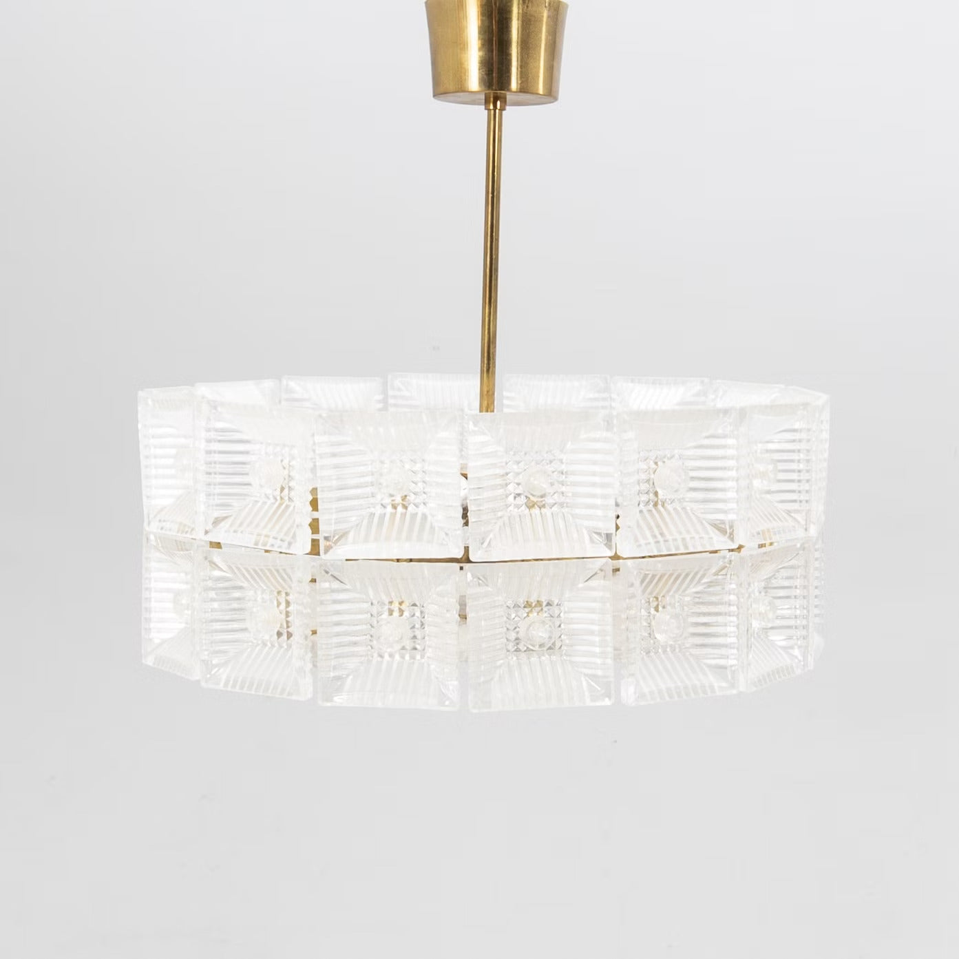 Carl Fagerlund Crystal Glass and Brass Pendant Light for Orrefors, Sweden, 1960