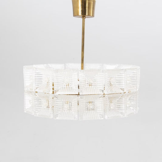 Carl Fagerlund Crystal Glass and Brass Pendant Light for Orrefors, Sweden, 1960