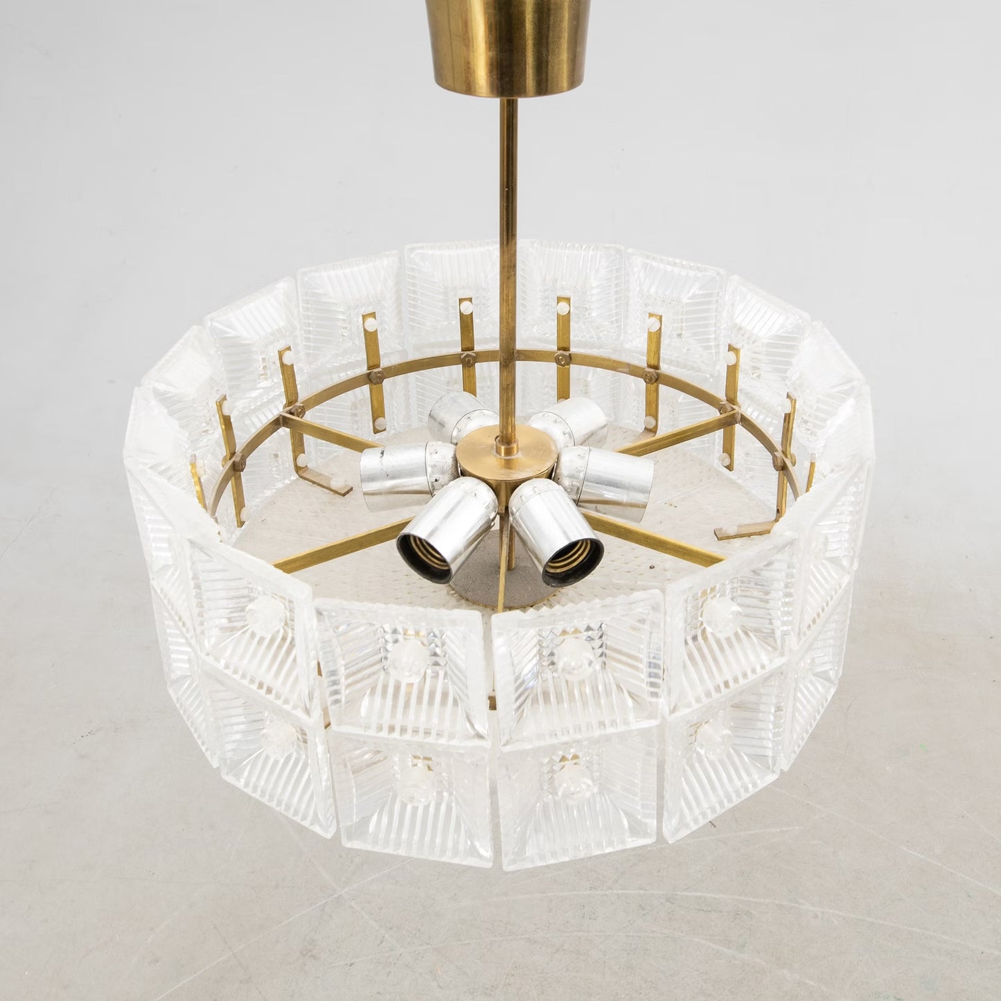 Carl Fagerlund Crystal Glass and Brass Pendant Light for Orrefors, Sweden, 1960
