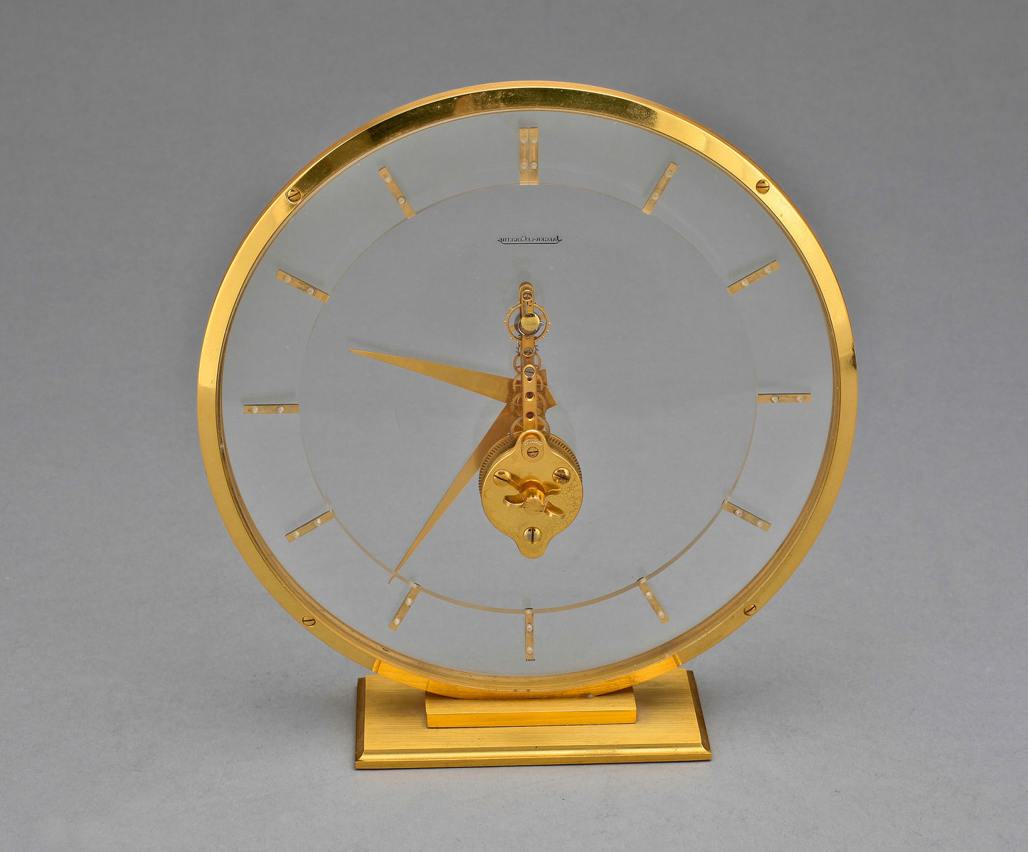 Jeager Lecoultre Rare Skeleton Clock Plexiglas and Brass. 8-Day Movement. Marked