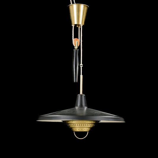Anonymous Counterweight Black Metal and Brass Pendant Lamp, Sweden, 1950
