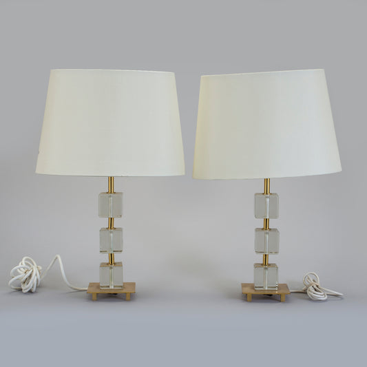 Glass and Brass Pair of Table Lamps by Malmo Metallvarufabrik, Sweden, 1960