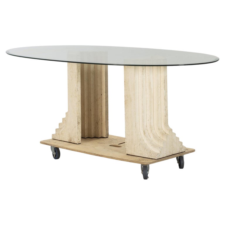 Carlo Scarpa Oval table clear glass and beige open travertine base Italy 1970