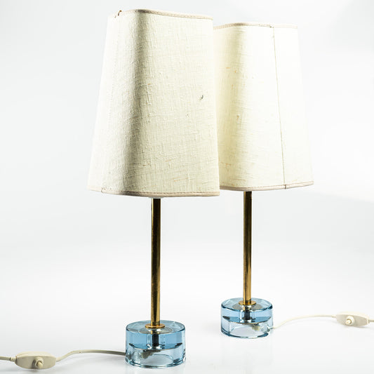 Lamps 'Fontana Arte' style  a pair in blue cast glass and brass Italy 1960