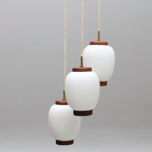 Bent Karlby pendants "china" 3 lights teak and glass Lyfa Denmark 1960