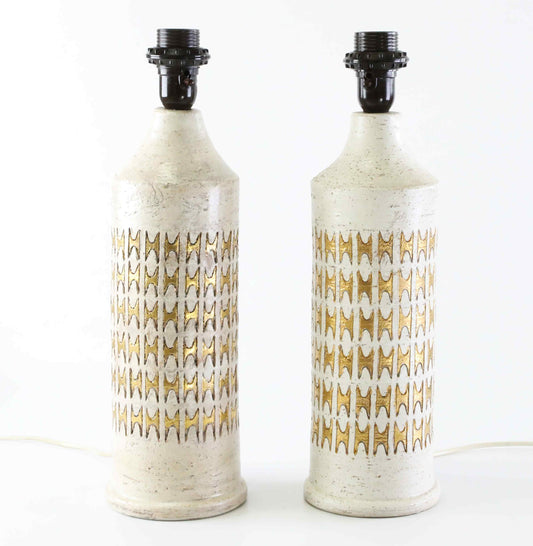 Pair of Bergboms Ivory Glazed and Gold Ceramic Table Lamps Sweden 960